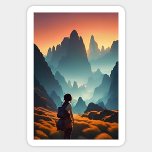 A Girl in Mountain Range at Sunset Anime Landscape Sticker